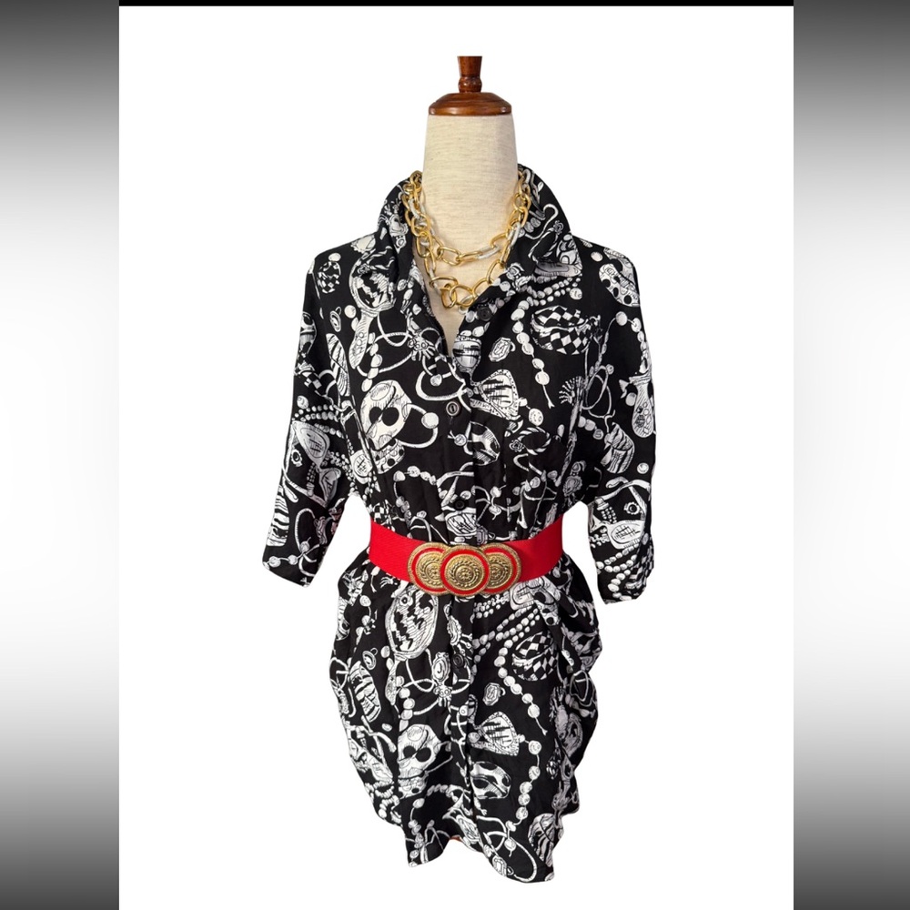 Vintage 80s Abstract Fashion Print Button Down Oversized Statement‎ Blouse